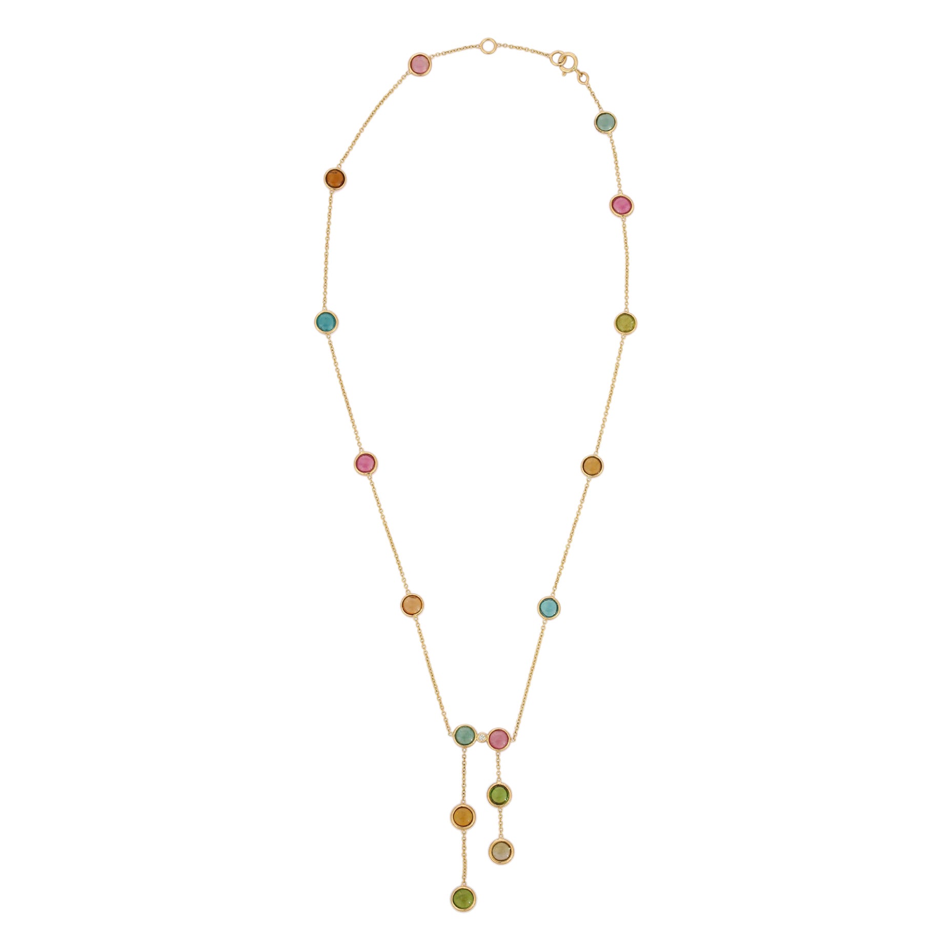 18K Yellow Gold Multi Tourmaline and Diamond Chain and Drop Necklace