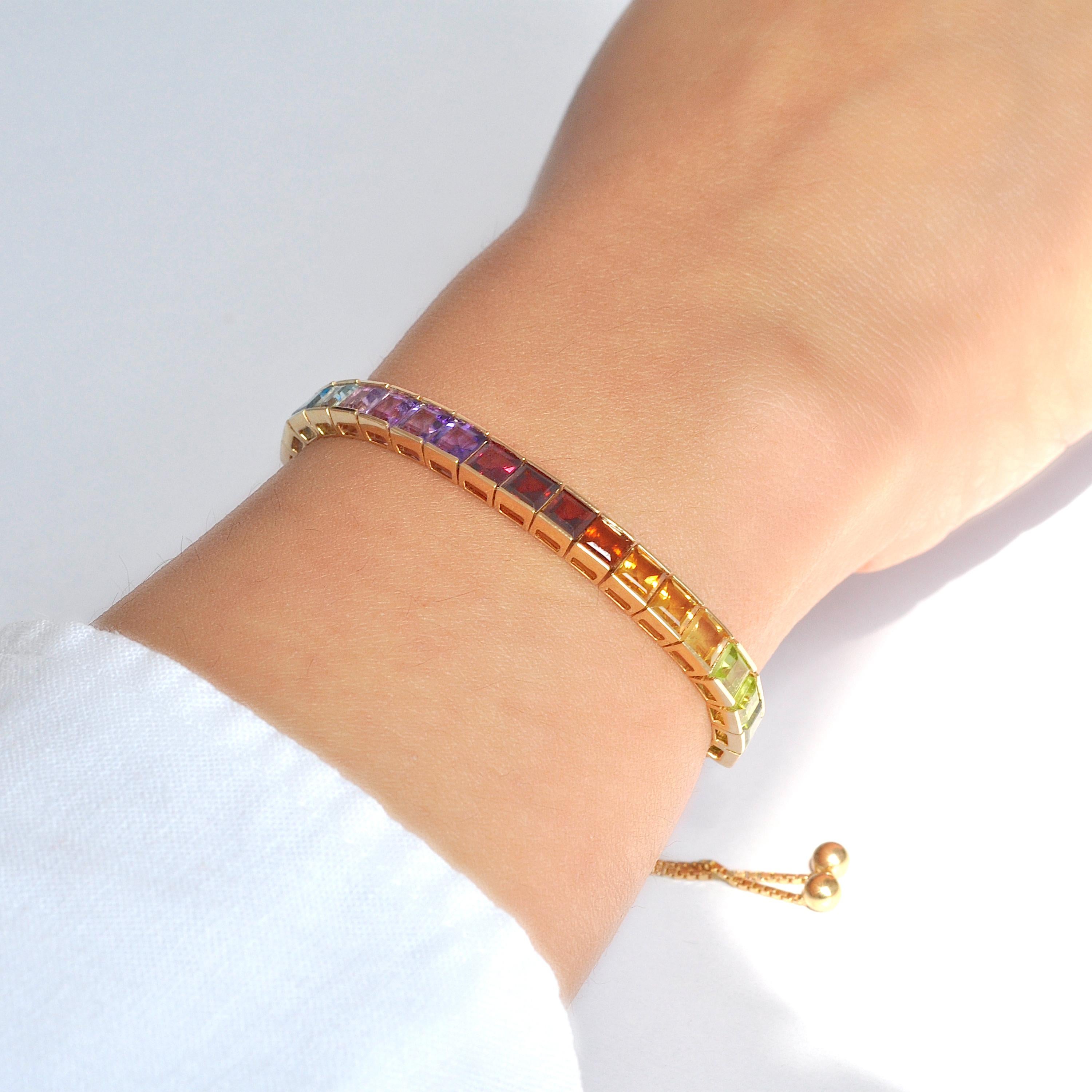Contemporary 18K Gold Multicolor 4MM Square Cut Rainbow Gemstones Tennis Pride Bolo Bracelet For Sale