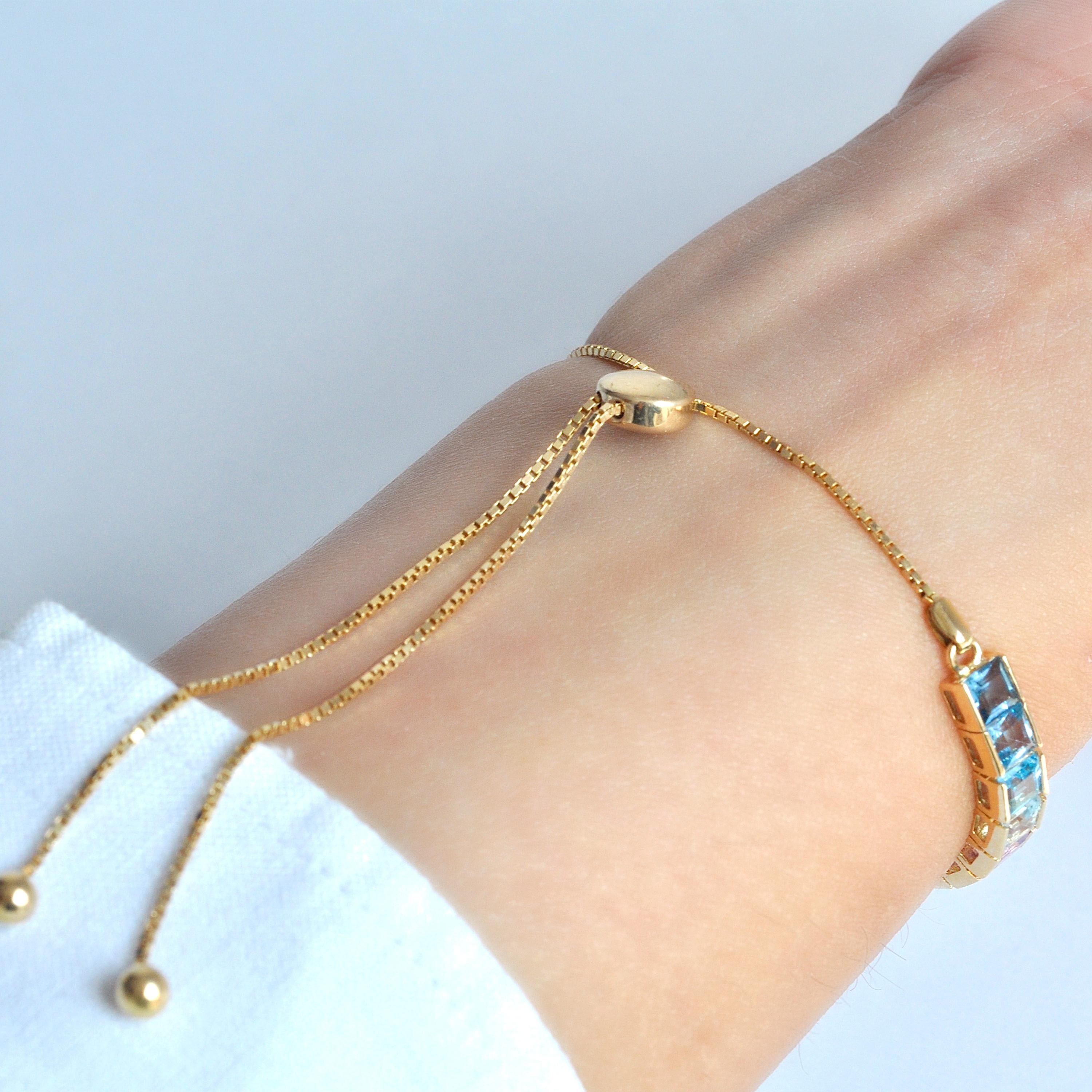 18K Gold Multicolor 4MM Square Cut Rainbow Gemstones Tennis Pride Bolo Bracelet In New Condition For Sale In Jaipur, Rajasthan