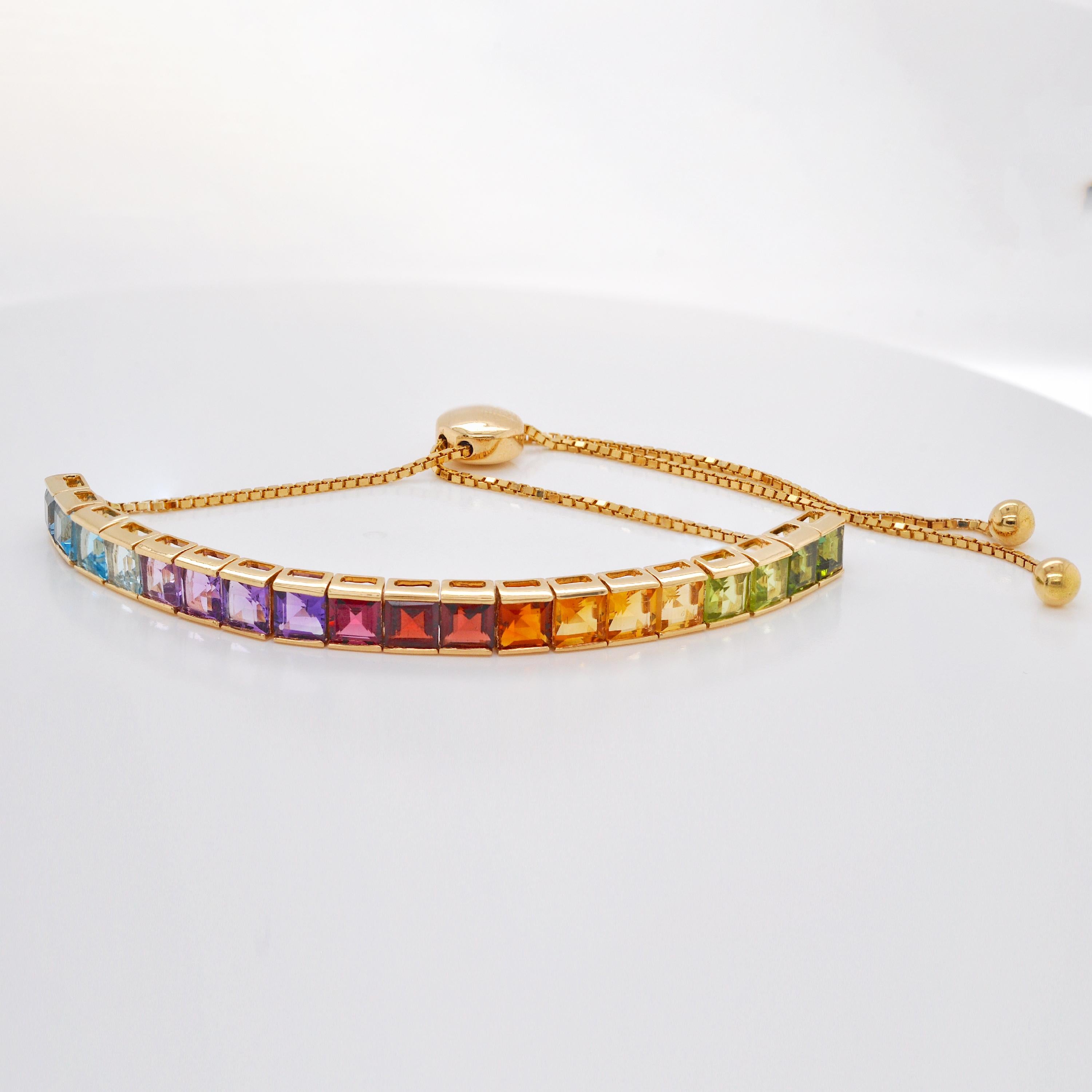 Women's or Men's 18K Gold Multicolor 4MM Square Cut Rainbow Gemstones Tennis Pride Bolo Bracelet For Sale