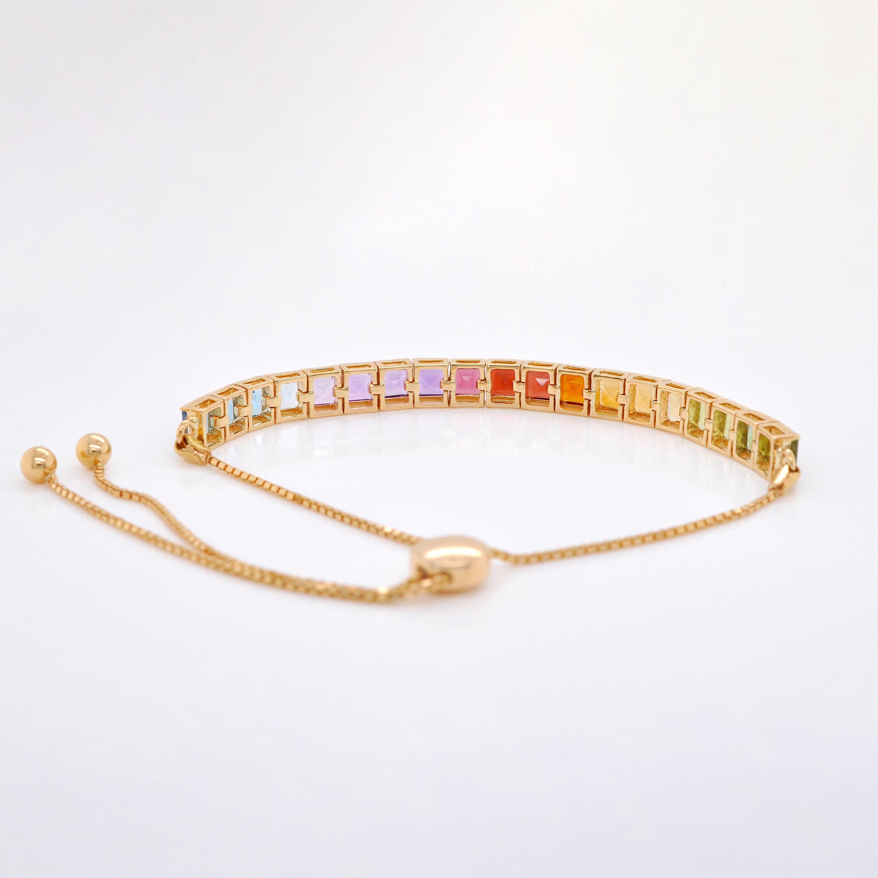 18K Gold Multicolor 4MM Square Cut Rainbow Gemstones Tennis Pride Bolo Bracelet For Sale 1