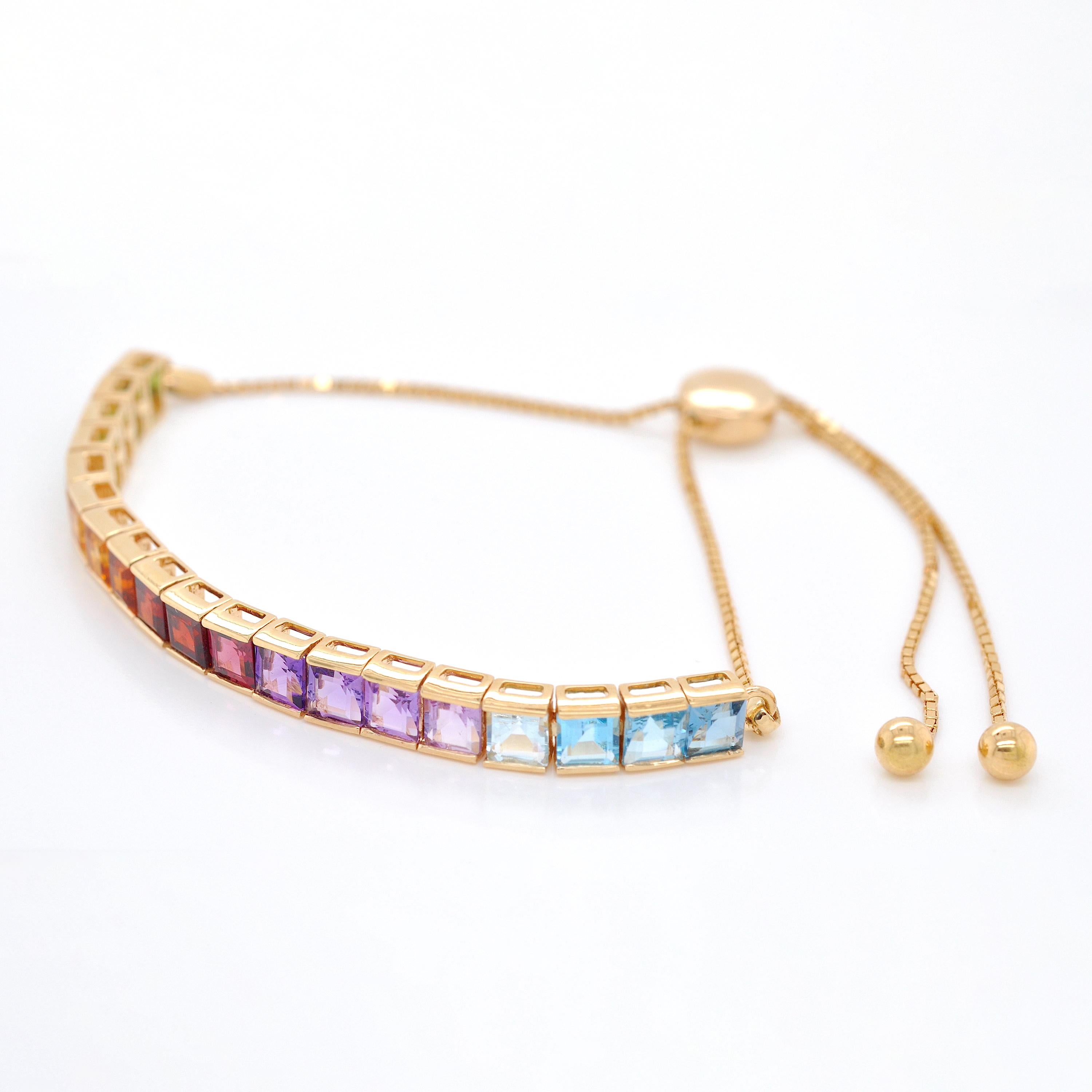 18K Gold Multicolor 4MM Square Cut Rainbow Gemstones Tennis Pride Bolo Bracelet For Sale 2