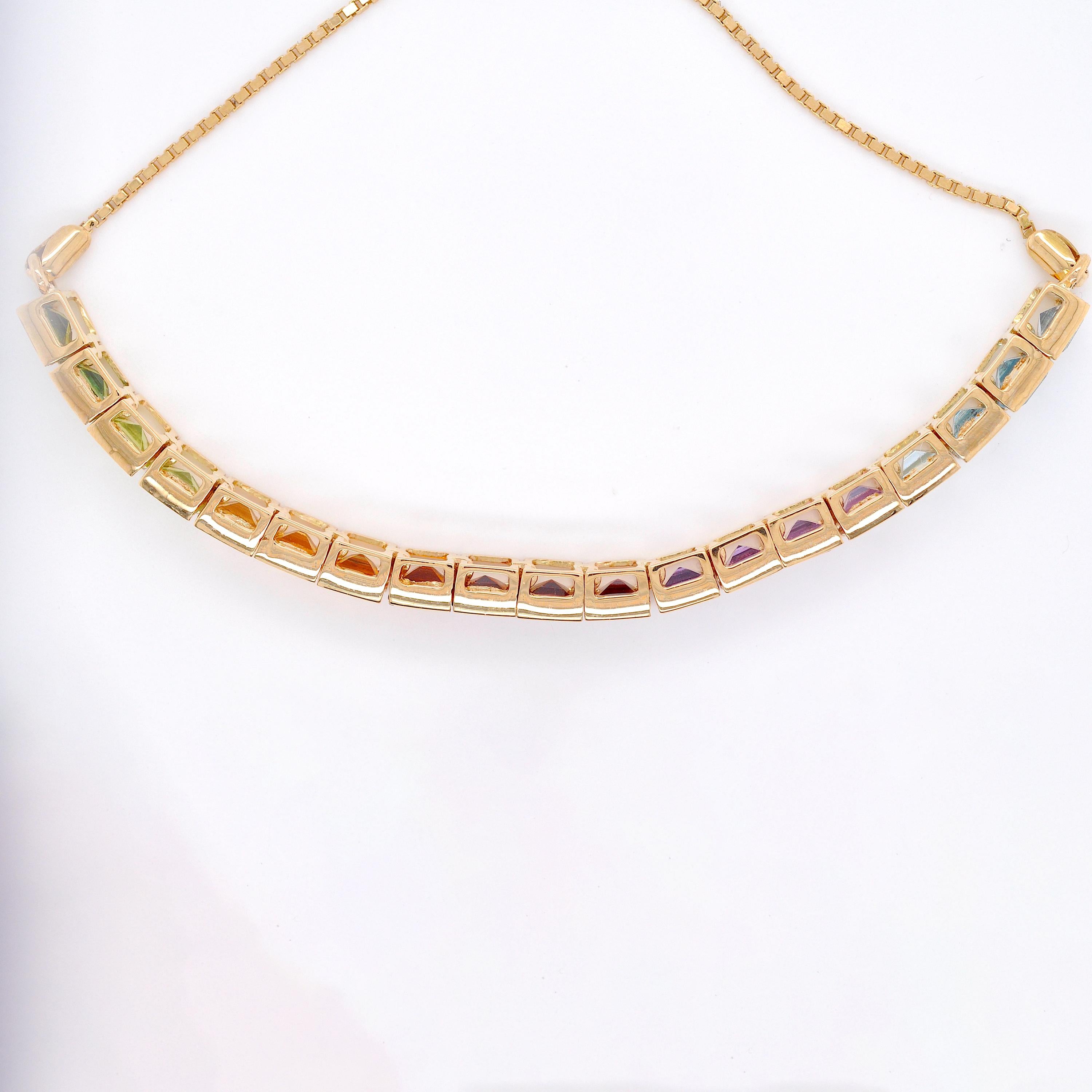 18K Gold Multicolor 4MM Square Cut Rainbow Gemstones Tennis Pride Bolo Bracelet For Sale 3