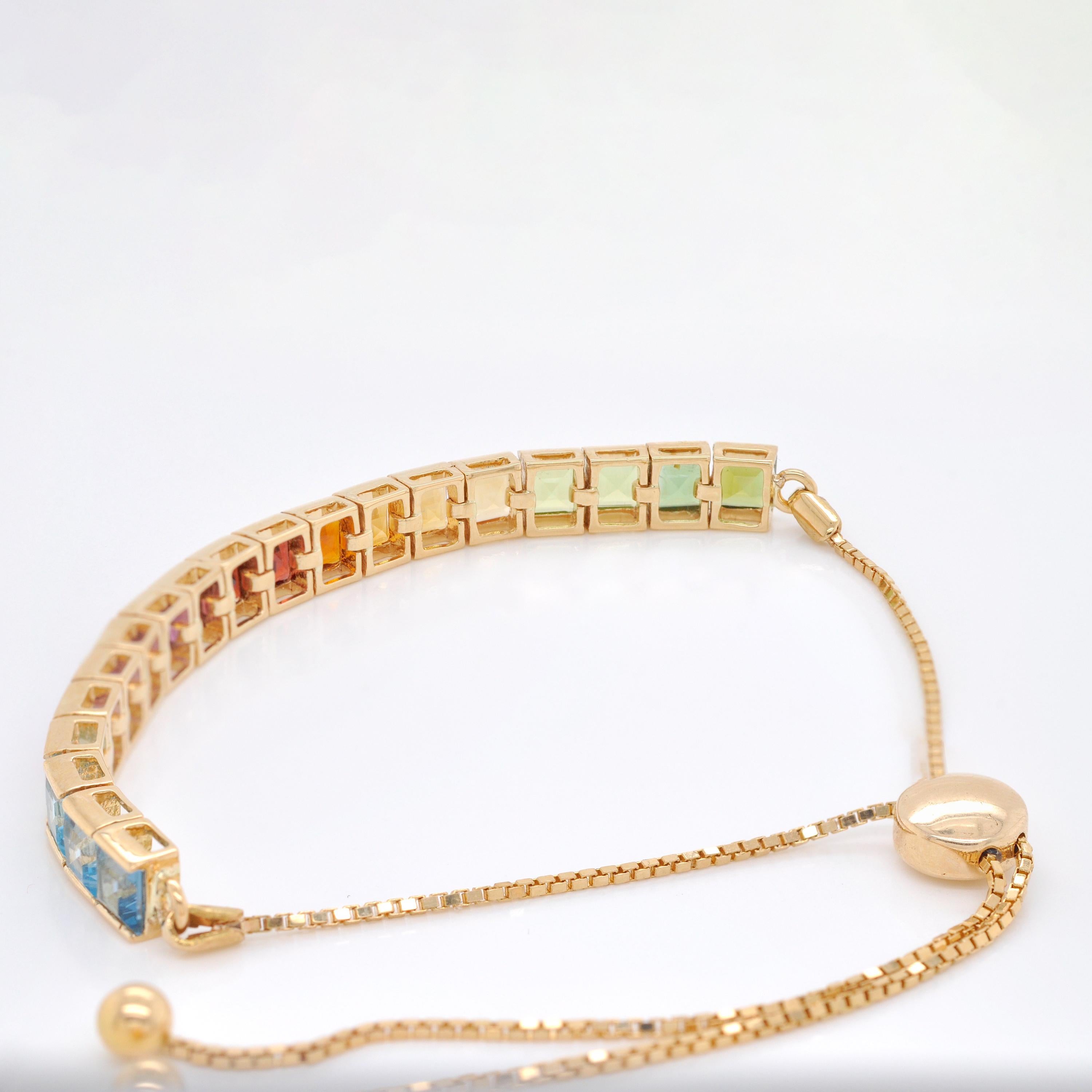 18K Gold Multicolor 4MM Square Cut Rainbow Gemstones Tennis Pride Bolo Bracelet For Sale 4