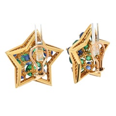 18k Yellow Gold Multicolor Sapphire, Green Emerald and Diamond Star Earrings