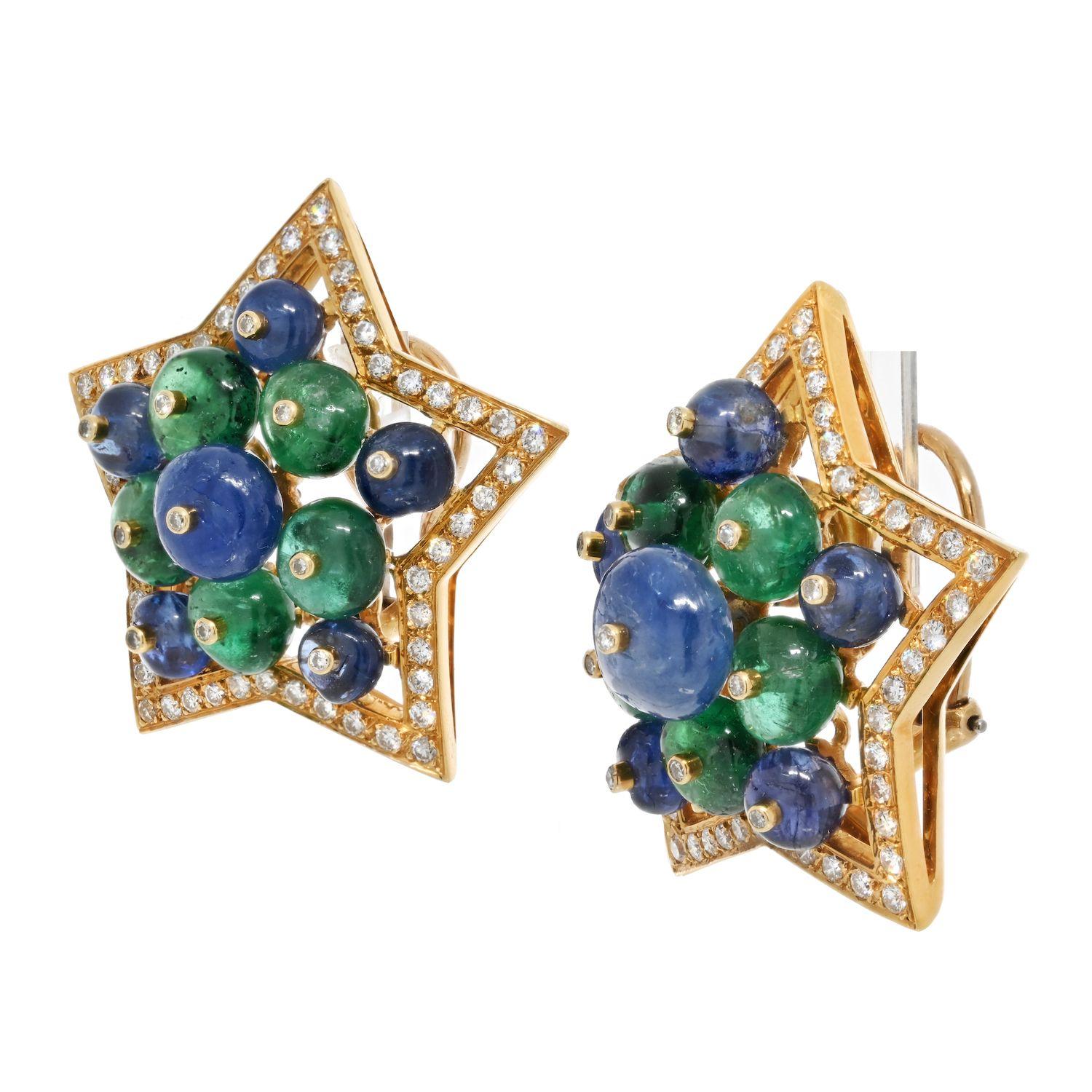 Modern 18k Yellow Gold Multicolor Sapphire, Green Emerald and Diamond Star Earrings For Sale