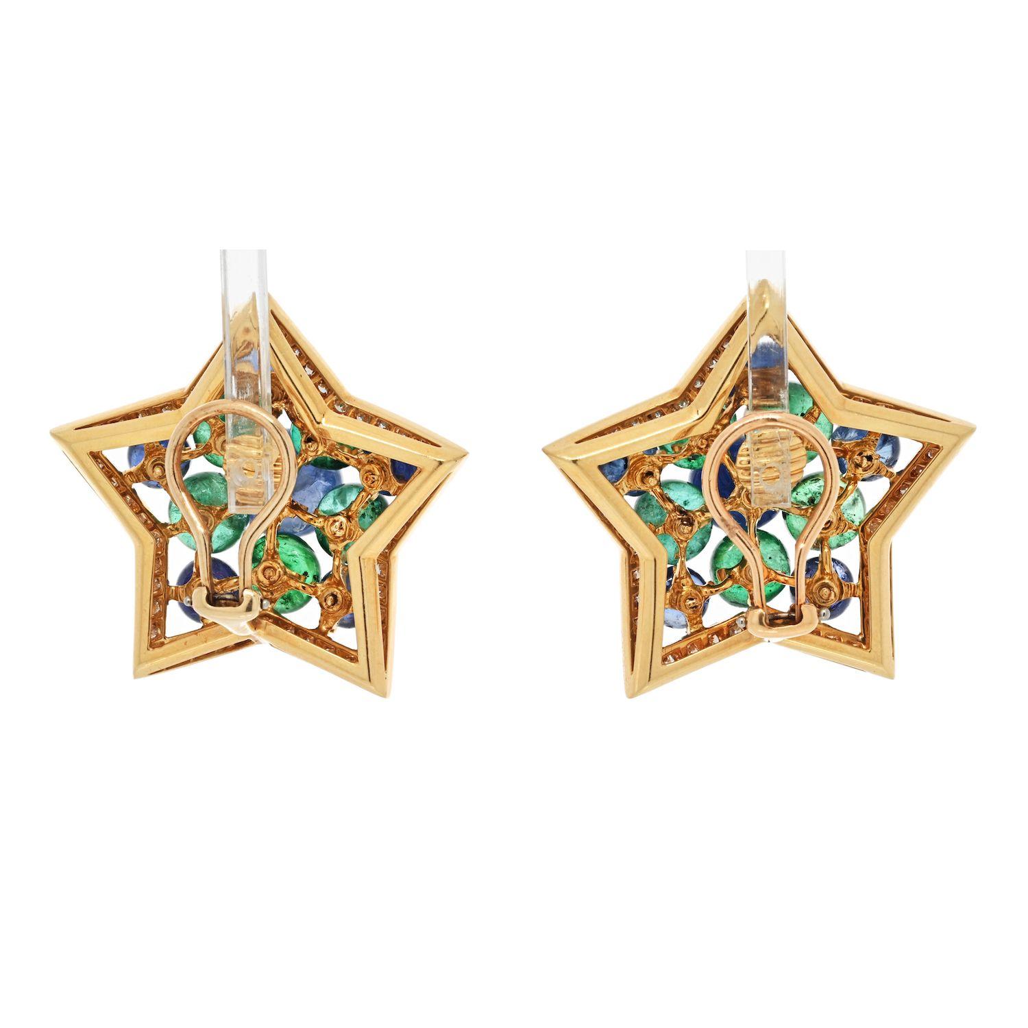 Round Cut 18k Yellow Gold Multicolor Sapphire, Green Emerald and Diamond Star Earrings For Sale
