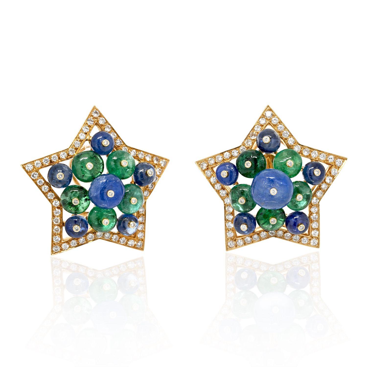 18k Yellow Gold Multicolor Sapphire, Green Emerald and Diamond Star Earrings In Excellent Condition For Sale In New York, NY