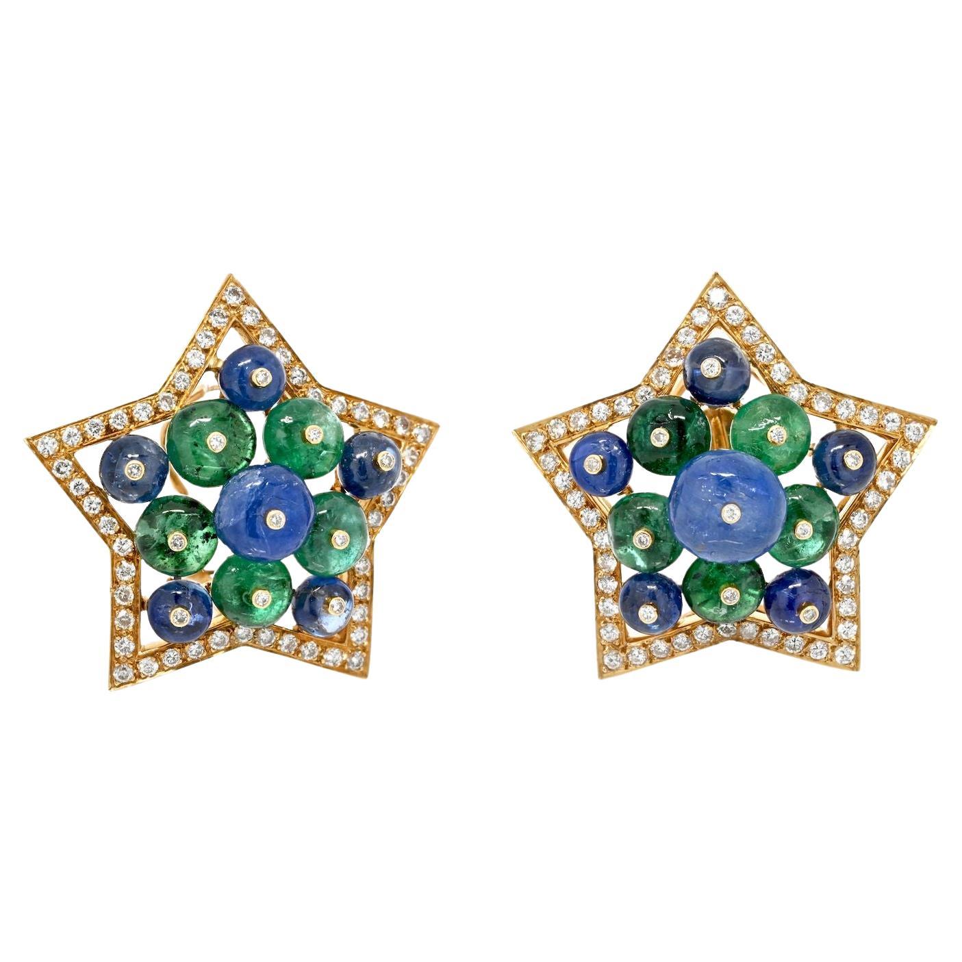 18k Yellow Gold Multicolor Sapphire, Green Emerald and Diamond Star Earrings For Sale