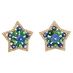 18k Yellow Gold Multicolor Sapphire, Green Emerald and Diamond Star Earrings