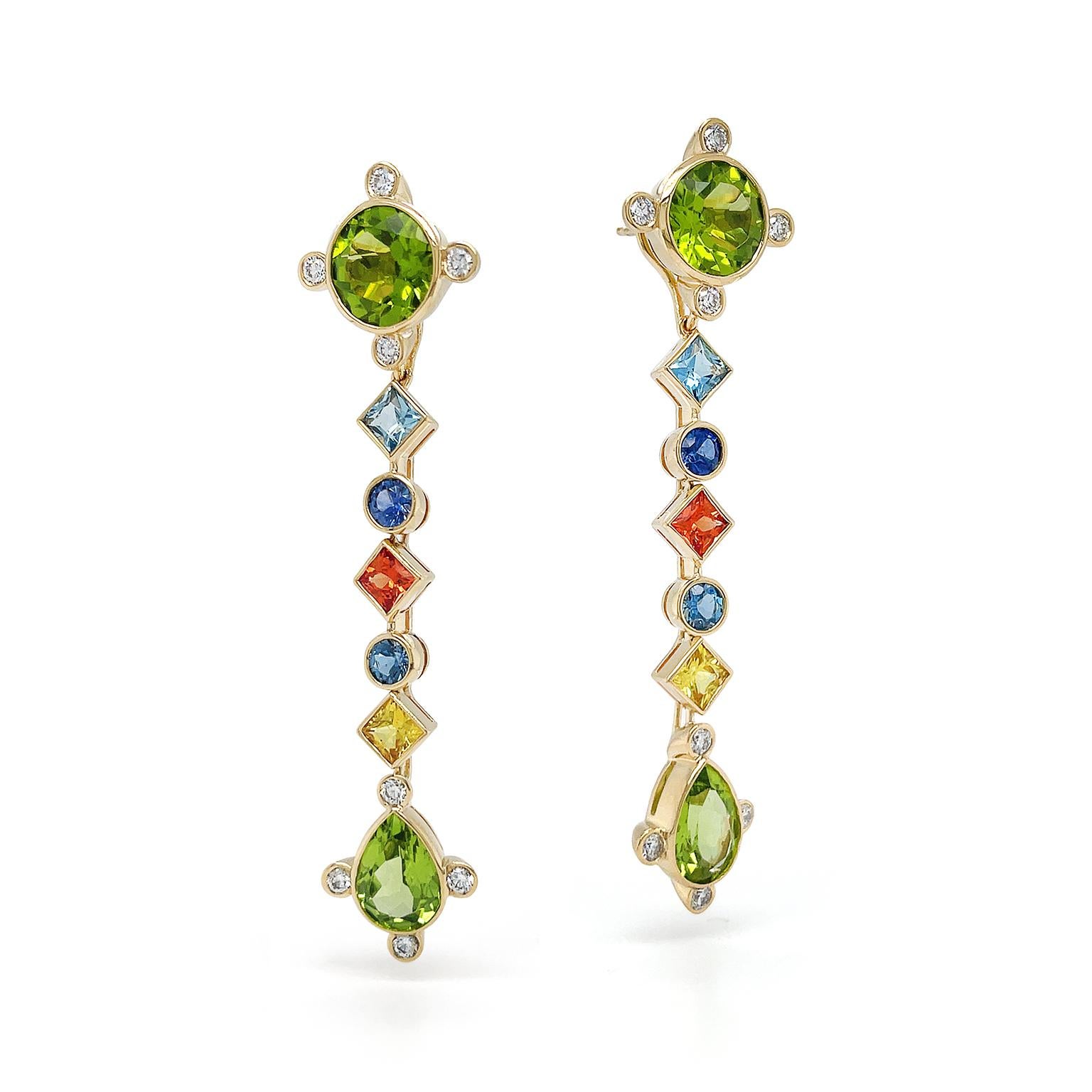 Glistering peridot, sapphire, aquamarine, and diamonds cascade in a single row in these drop earrings. A round peridot begins the design with four brilliant cut diamonds dispersed at each side. Next follows a princess-cut aquamarine, a round-cut