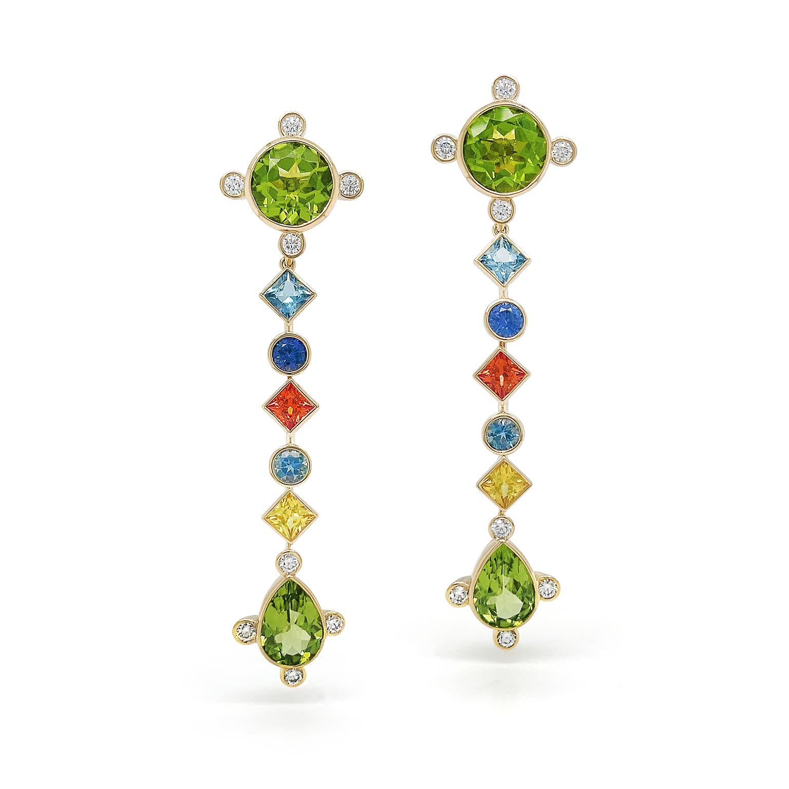 Round Cut 18K Yellow Gold Multicolor Sapphire, Peridot, Aquamarine and Diamond Earrings For Sale
