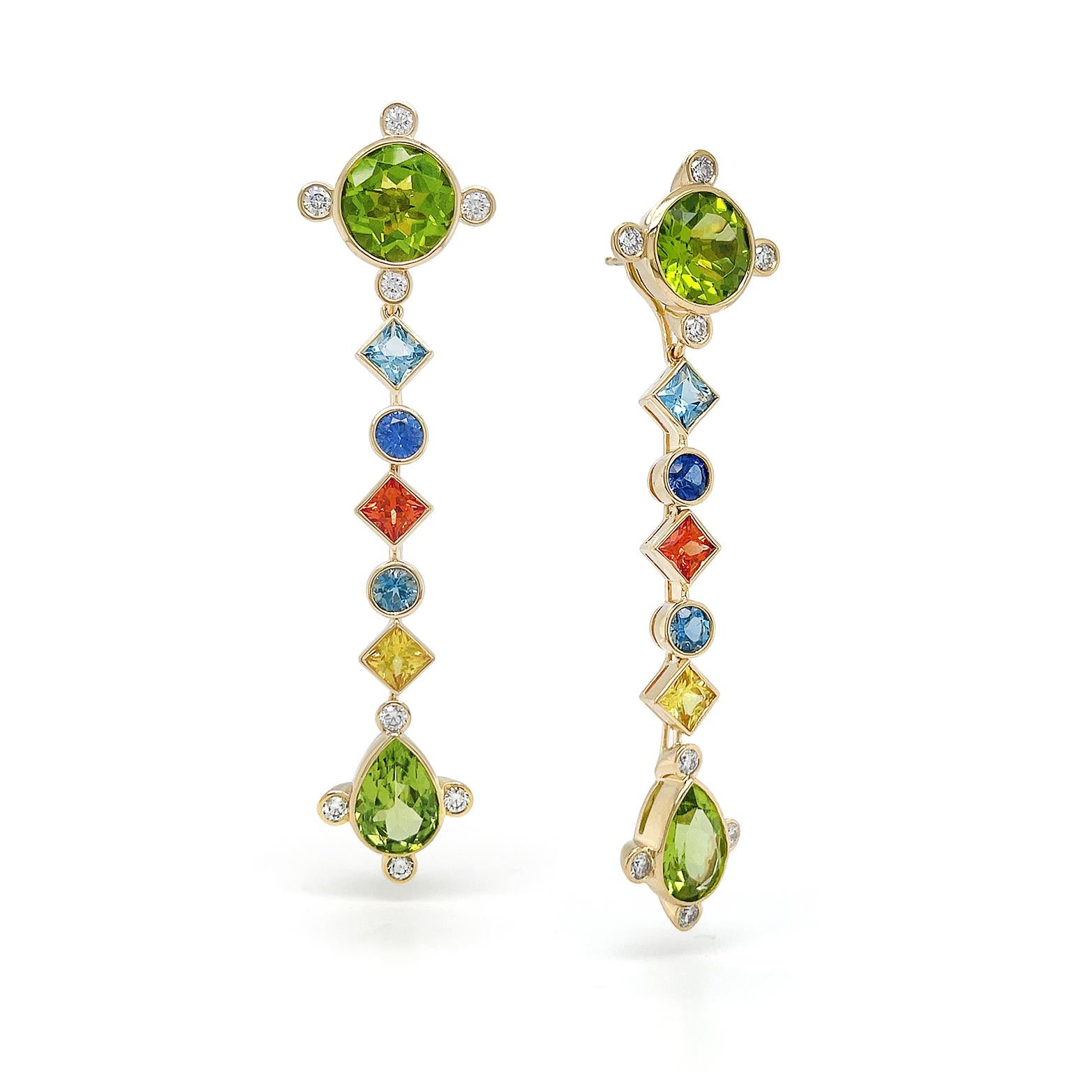 18K Yellow Gold Multicolor Sapphire, Peridot, Aquamarine and Diamond Earrings In New Condition For Sale In New York, NY