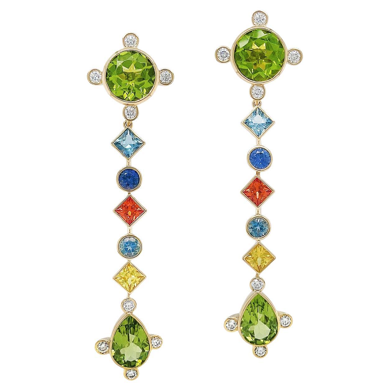 18K Yellow Gold Multicolor Sapphire, Peridot, Aquamarine and Diamond Earrings