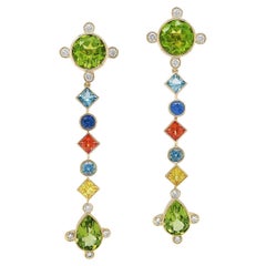 Pendientes de Oro Amarillo de 18 K Zafiro Multicolor, Peridoto, Aguamarina y Diamante