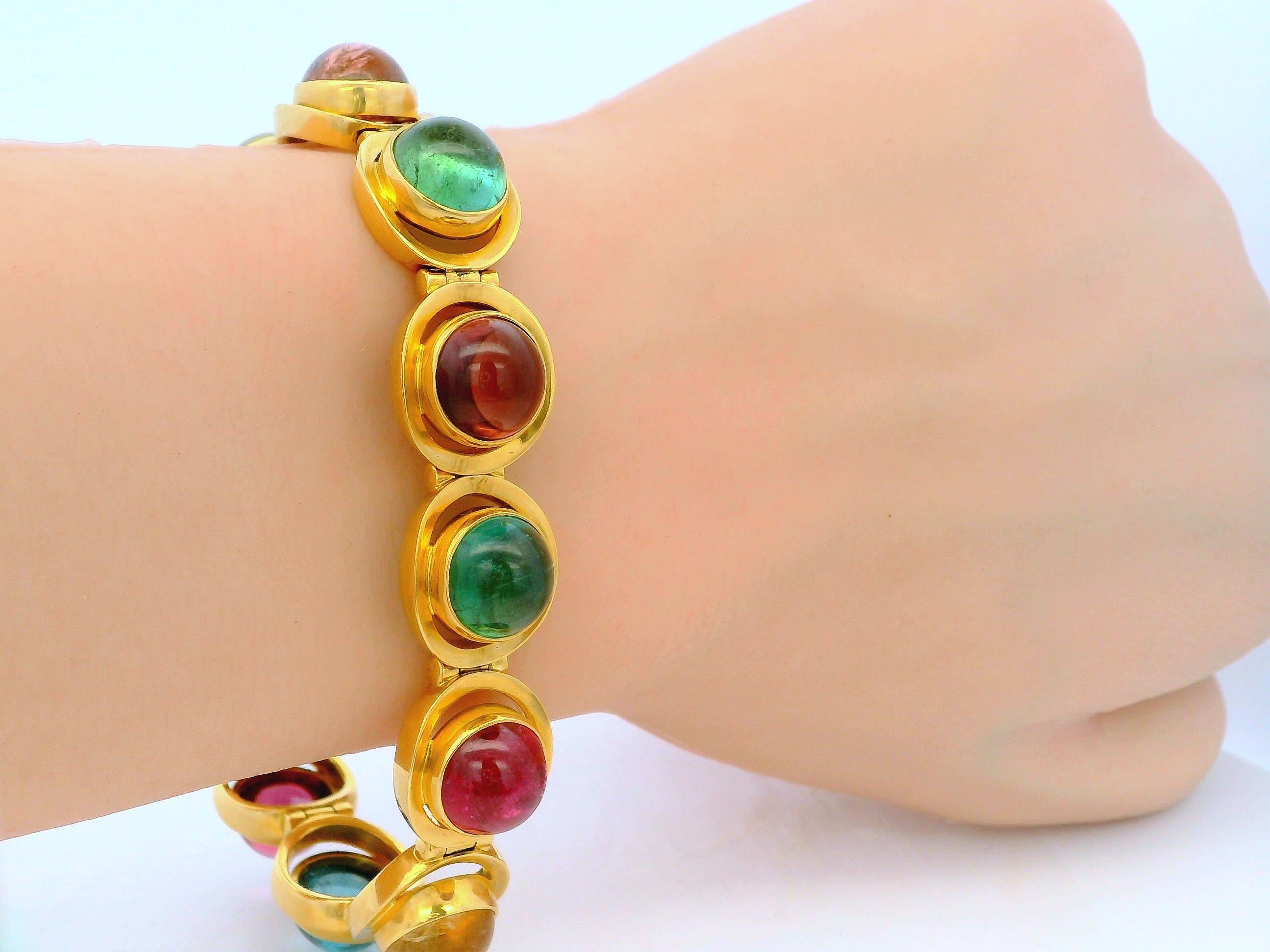 Bracelet italien en or jaune 18K avec tourmaline multicolore en vente 6