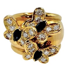 18k Yellow Gold Multiple Butterfly Motif Ring with Diamonds and Blue Sapphires