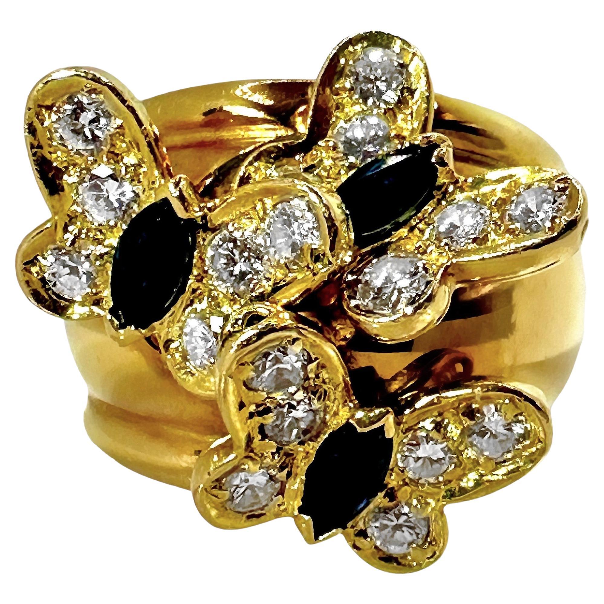 18 Karat Gelbgold Multiple Schmetterlingsmotiv-Ring mit Diamanten und blauen Saphiren 
