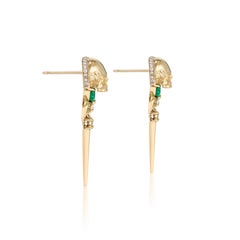 18k Yellow Gold Muzo Emerald & Diamond Skull Drop Earrings