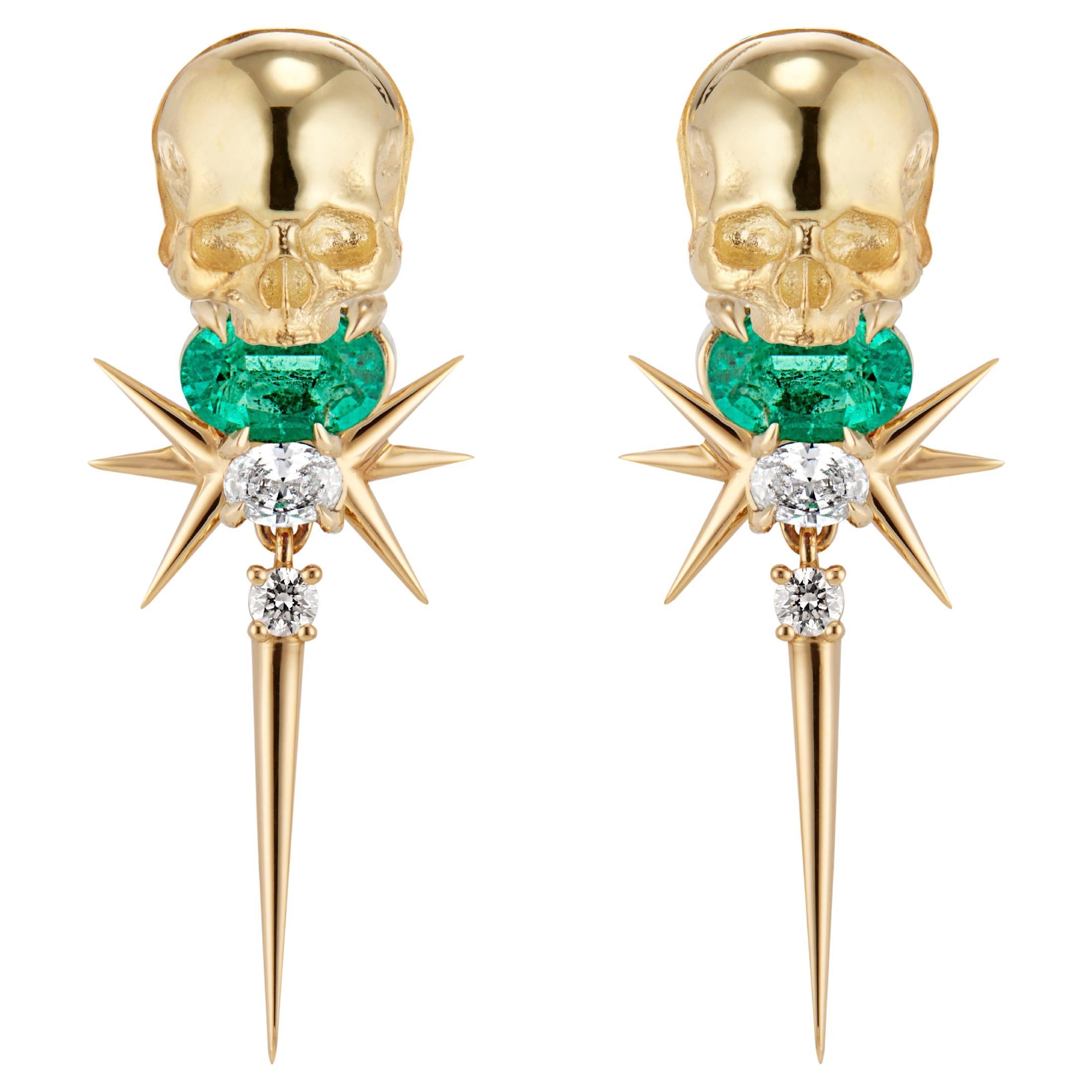 18k Yellow Gold Muzo Emerald & Diamond Skull Drop Earrings For Sale
