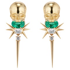18k Yellow Gold Muzo Emerald & Diamond Skull Drop Earrings