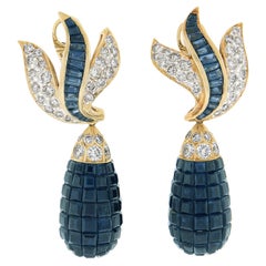 18K Yellow Gold Myster Set Sapphire & Diamond Dangle Drop Day Night Earrings