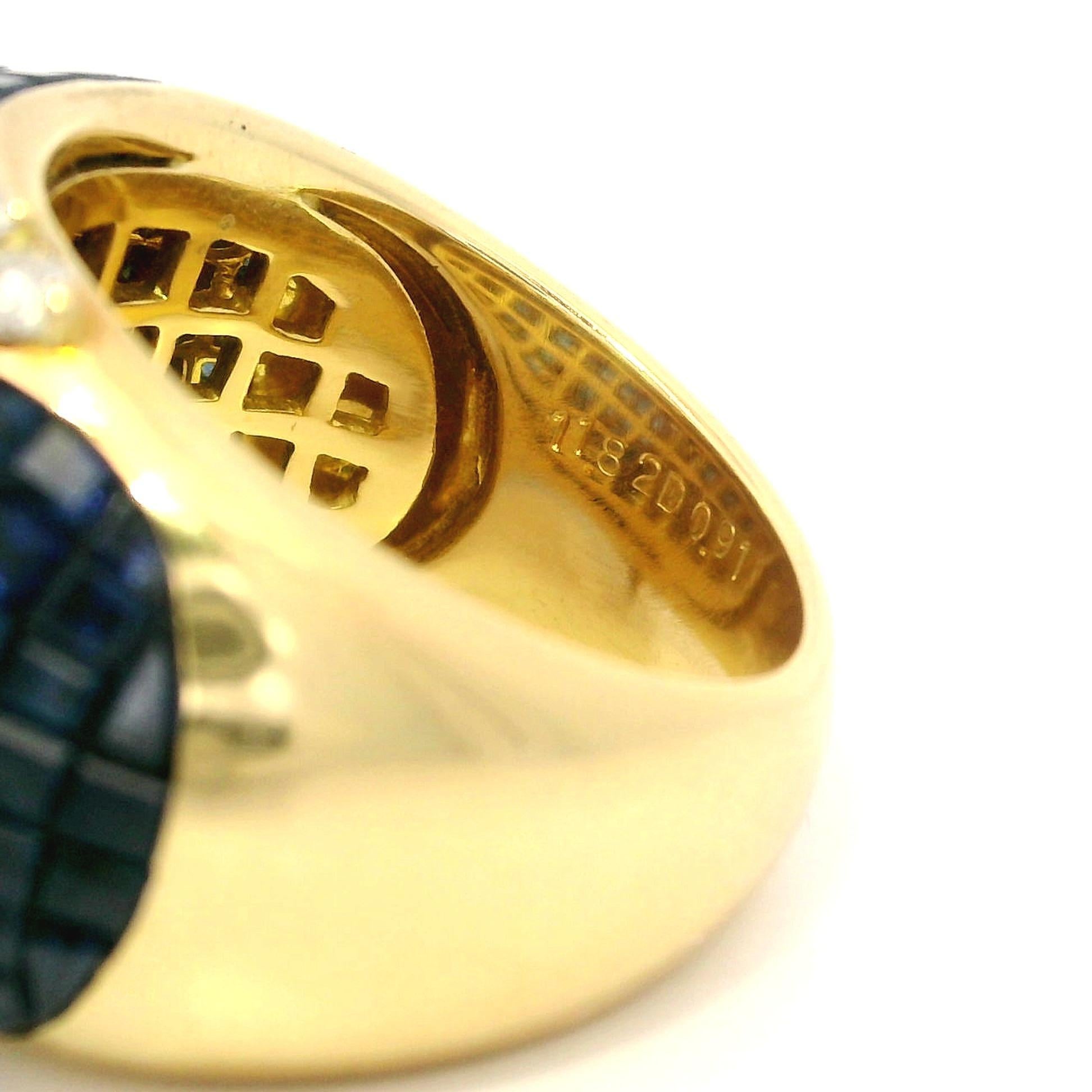 Taille brillant Bague en or jaune 18k Mystery Invisible Set 12.73ctw Sapphire Diamond Bombe Band en vente