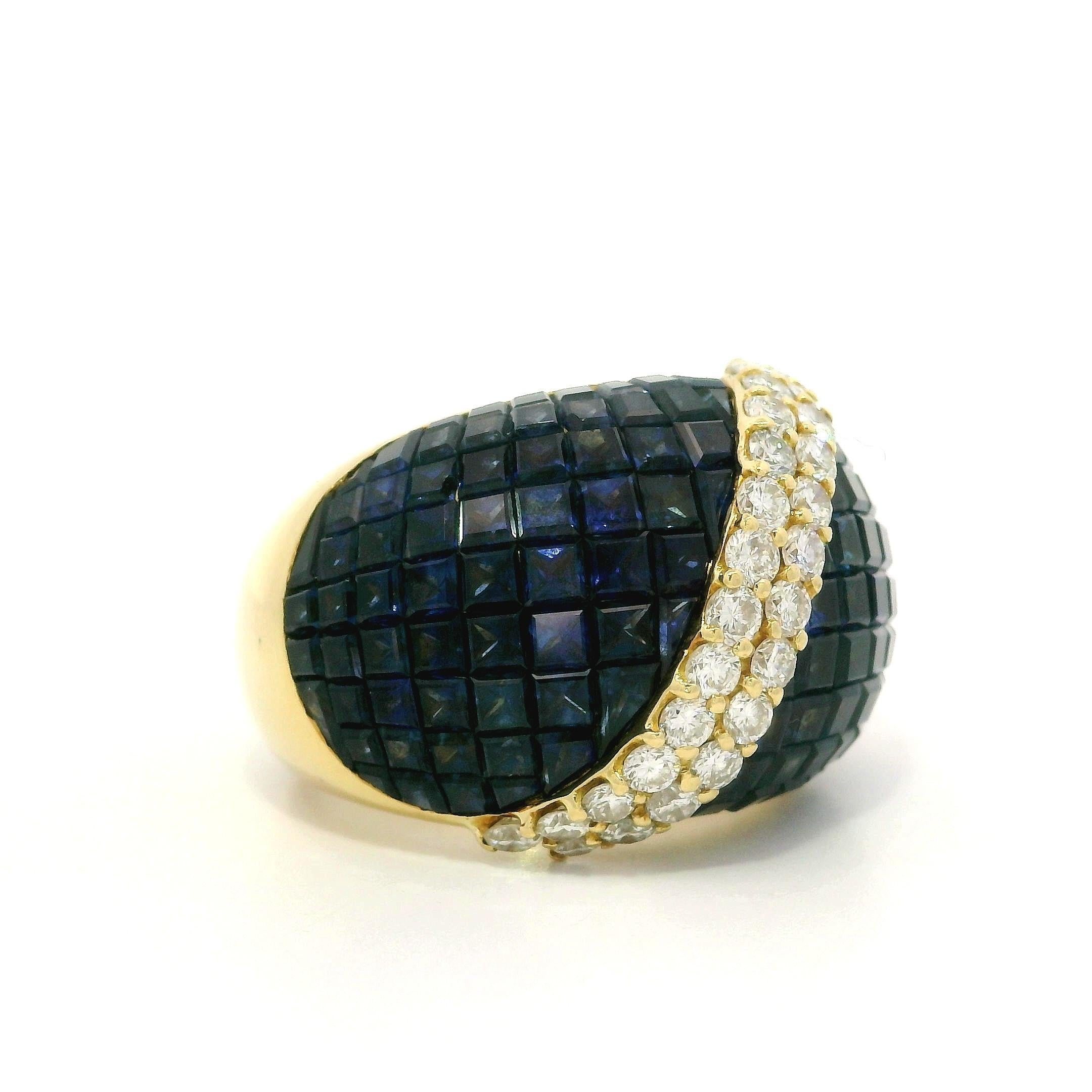 Bague en or jaune 18k Mystery Invisible Set 12.73ctw Sapphire Diamond Bombe Band Excellent état - En vente à Montclair, NJ