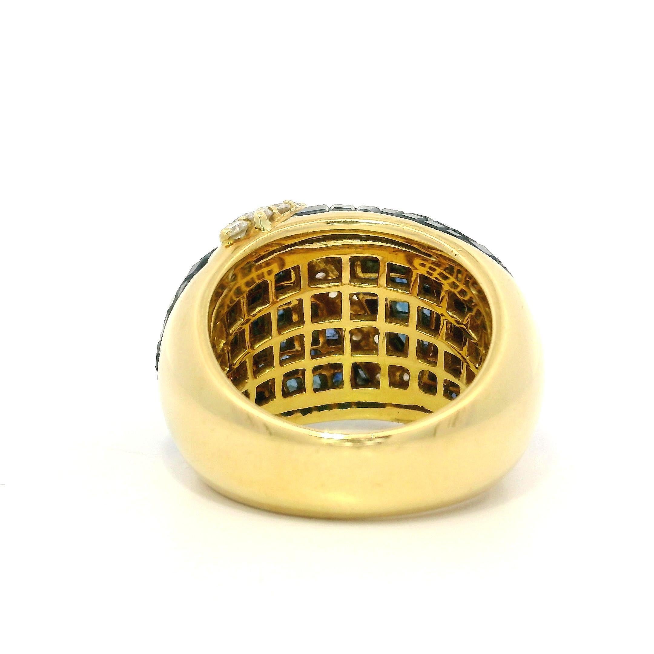 Bague en or jaune 18k Mystery Invisible Set 12.73ctw Sapphire Diamond Bombe Band Pour femmes en vente