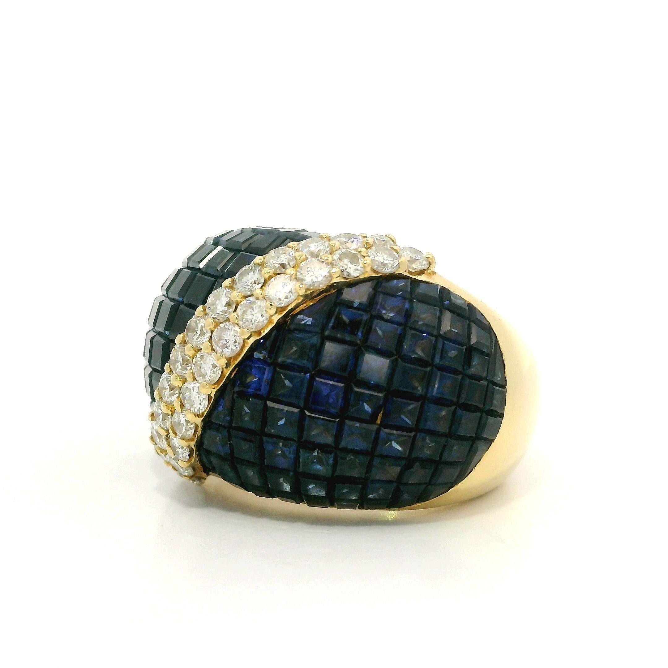Bague en or jaune 18k Mystery Invisible Set 12.73ctw Sapphire Diamond Bombe Band en vente 1