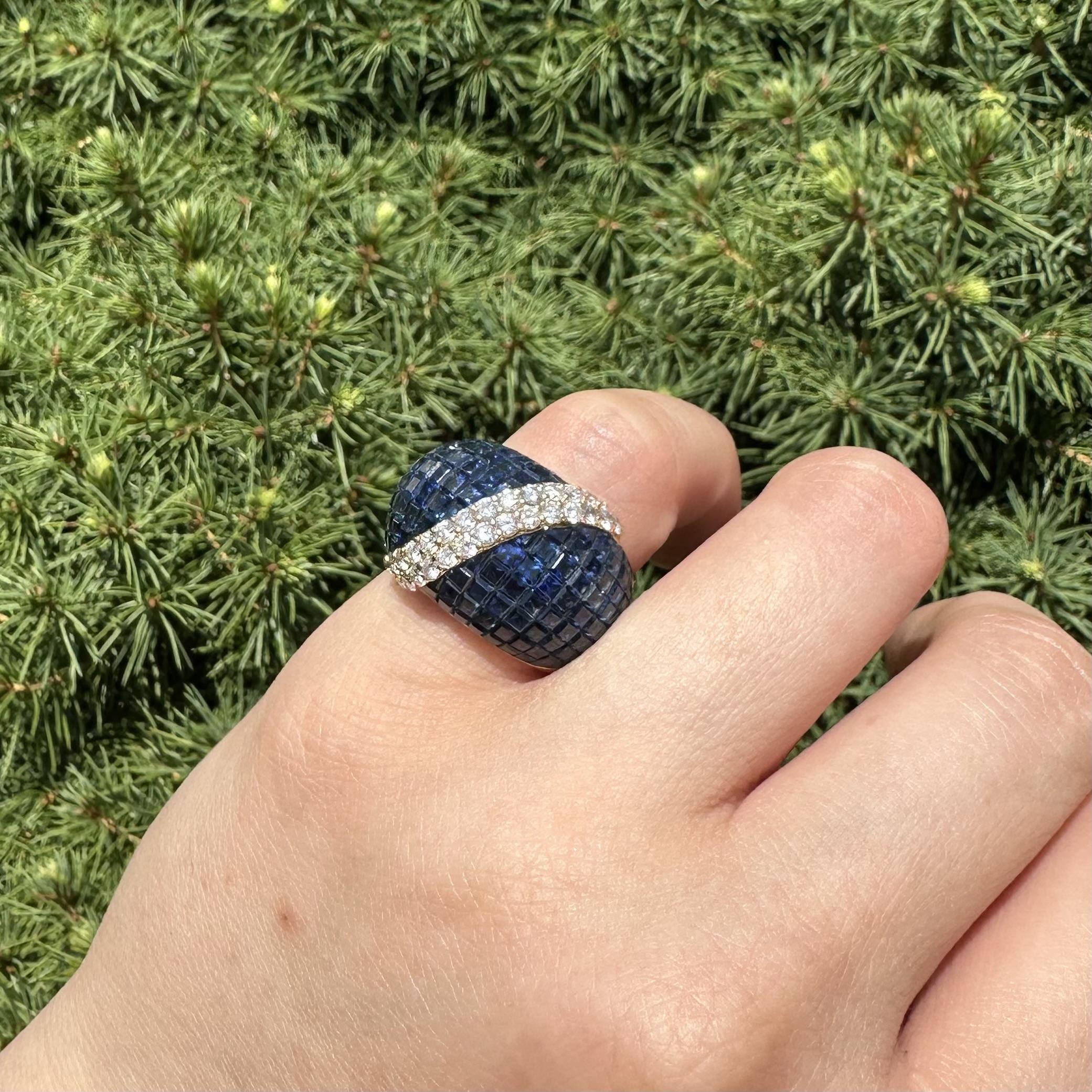 18k Yellow Gold Mystery Invisible Set 12.73ctw Sapphire Diamond Bombe Ring Band For Sale 3