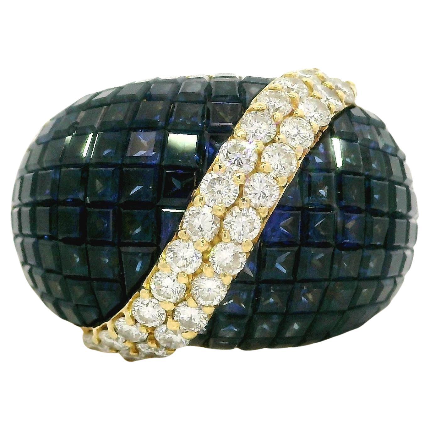Bague en or jaune 18k Mystery Invisible Set 12.73ctw Sapphire Diamond Bombe Band en vente