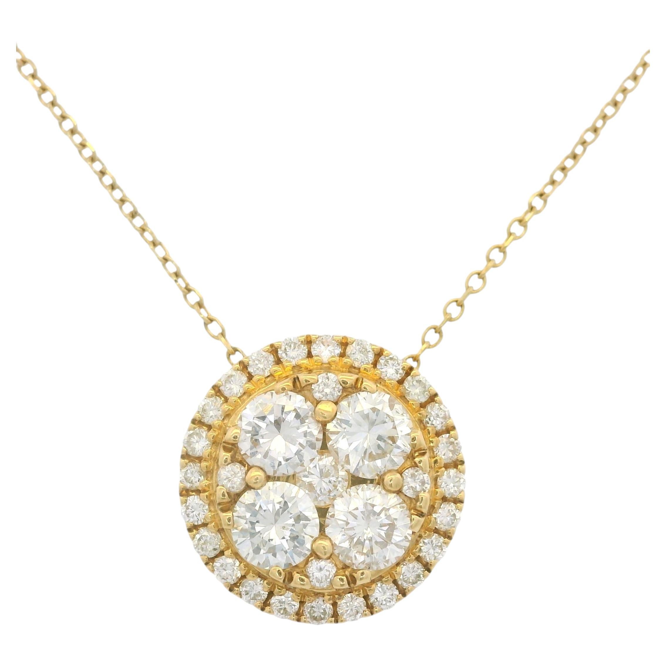 18k Yellow Gold Natural 1.05 Carat Cluster Diamond Button Pendant Necklace