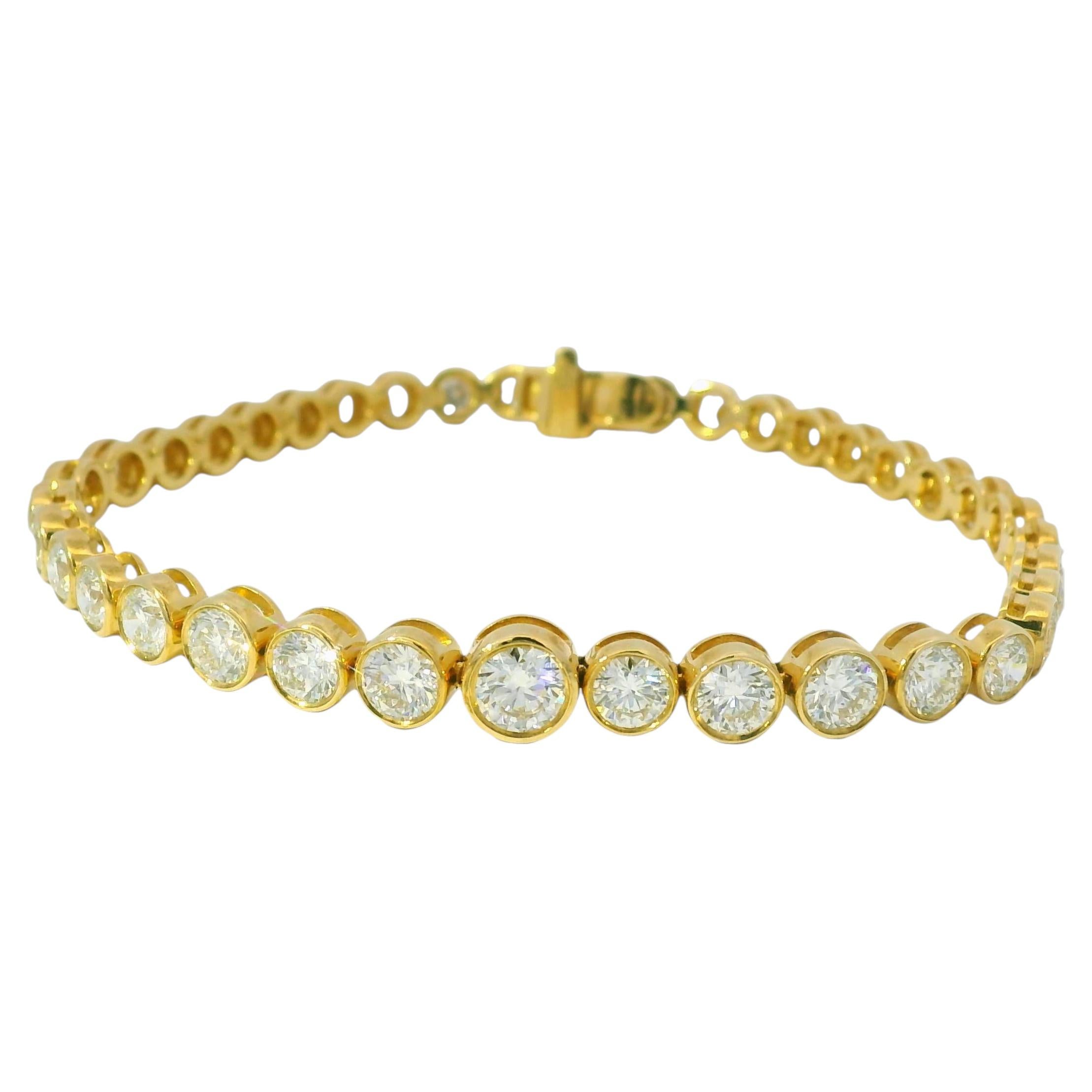 18k Yellow Gold Natural 6.58 Carat Graduated Diamond Bezel Set Tennis Bracelet