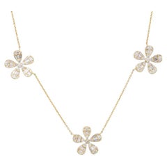 18K Yellow Gold Natural Baguette & Round Brilliant Diamond Large Flower Necklace