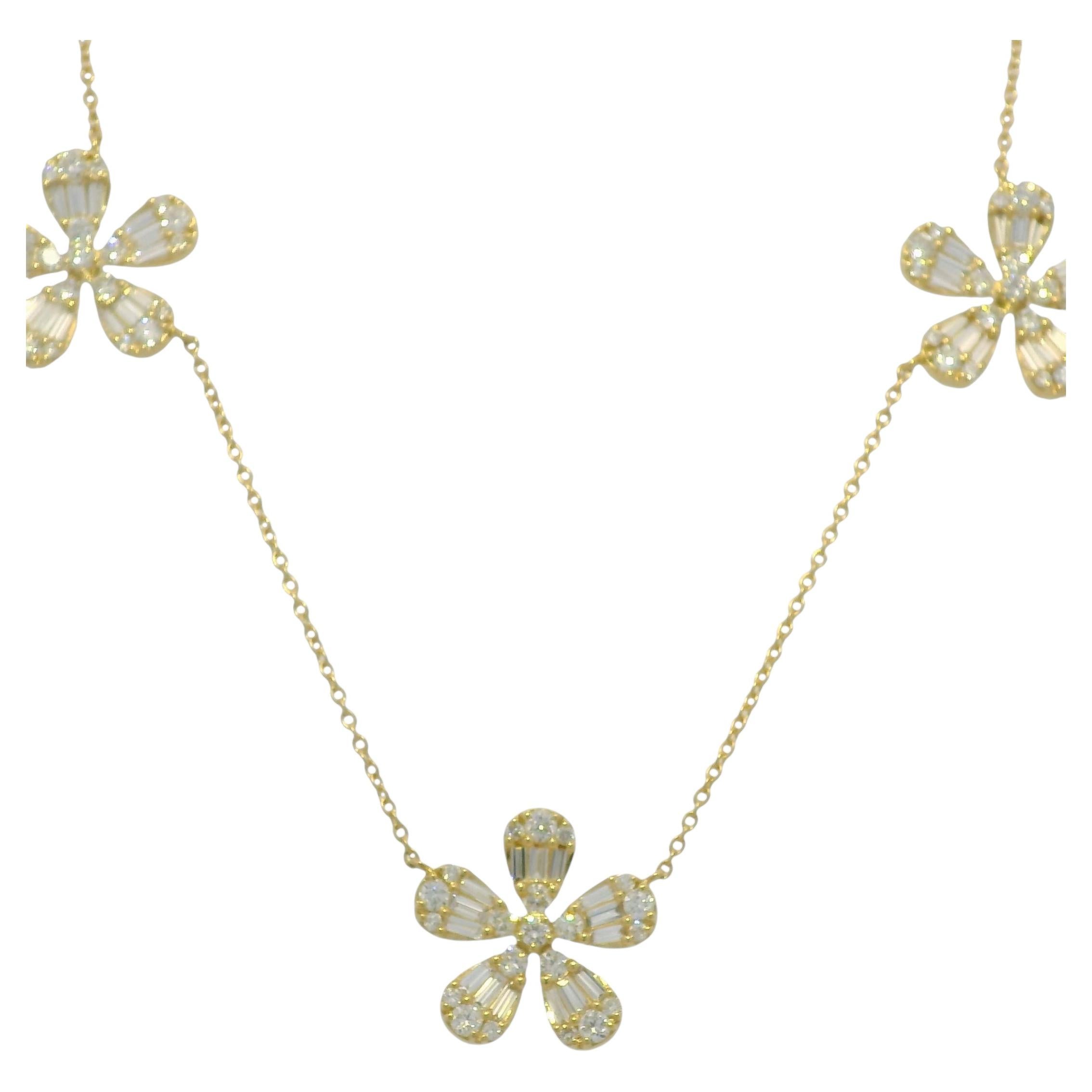 18K Yellow Gold Natural Baguette & Round Brilliant Diamond Large Flower Necklace