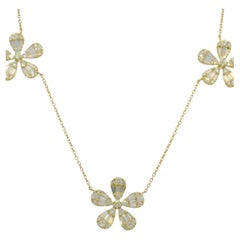 18K Yellow Gold Natural Baguette & Round Brilliant Diamond Large Flower Necklace