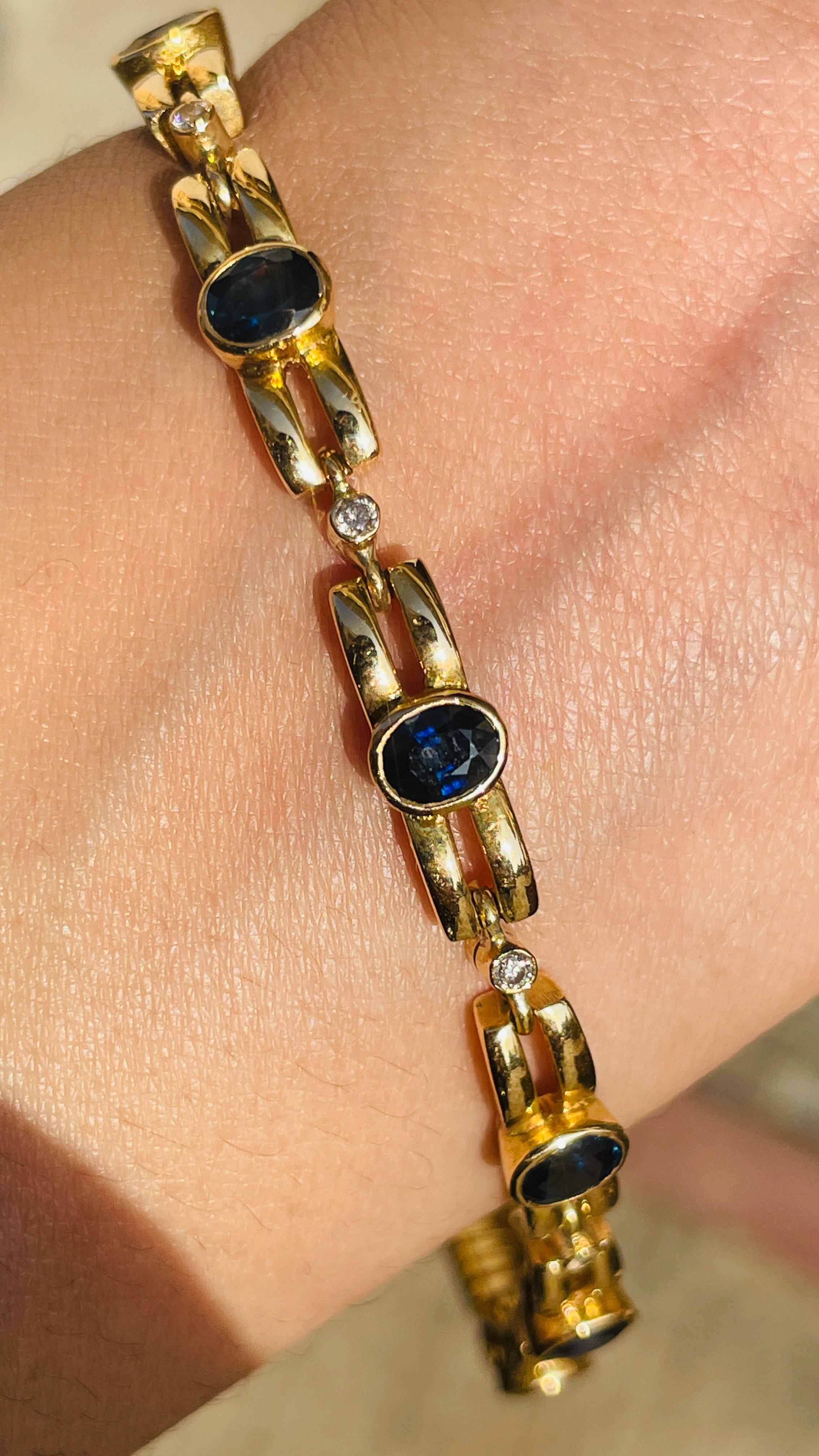 Blue Sapphire bracelet in 18K Gold. It has a perfect oval cut gemstone to make you stand out on any occasion or an event.
A tennis bracelet is an essential piece of jewelry when it comes to your wedding day. The sleek and elegant style complements