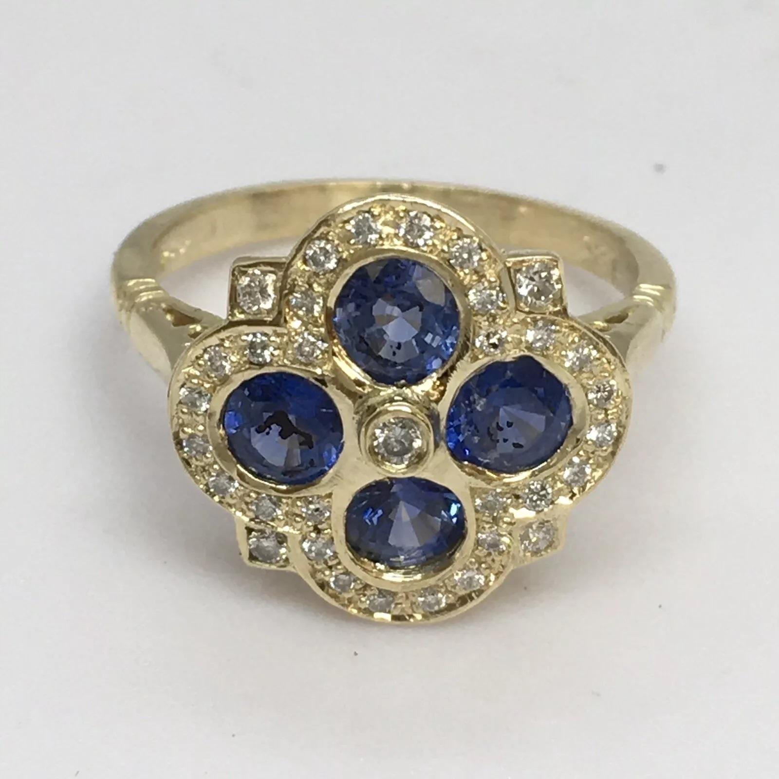 Art Deco 18K Yellow Gold Natural Blue Sapphire Earth Mind Diamond Statement Ring Size 6 For Sale