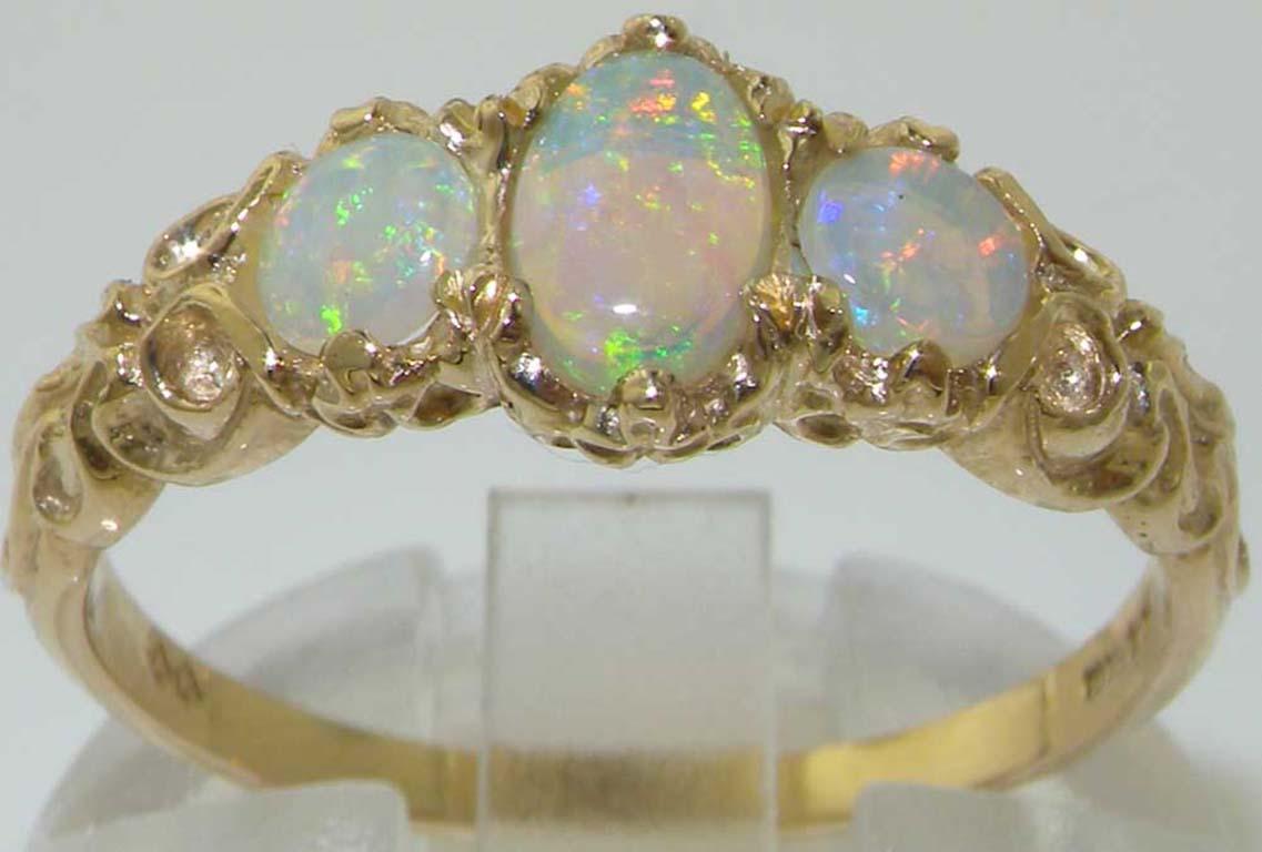 For Sale:  18K Yellow Gold Natural Colorful Opal Victorian Style Trilogy Ring 2