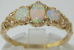 18K Yellow Gold Natural Colorful Opal Victorian Style Trilogy Ring