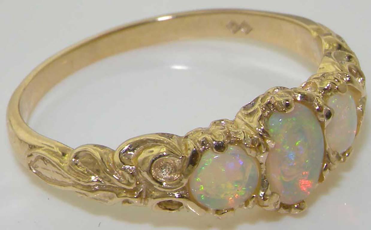 For Sale:  18K Yellow Gold Natural Colorful Opal Victorian Style Trilogy Ring 4