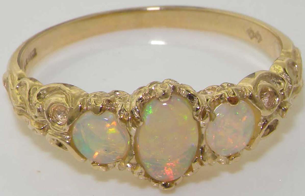 For Sale:  18K Yellow Gold Natural Colorful Opal Victorian Style Trilogy Ring 5