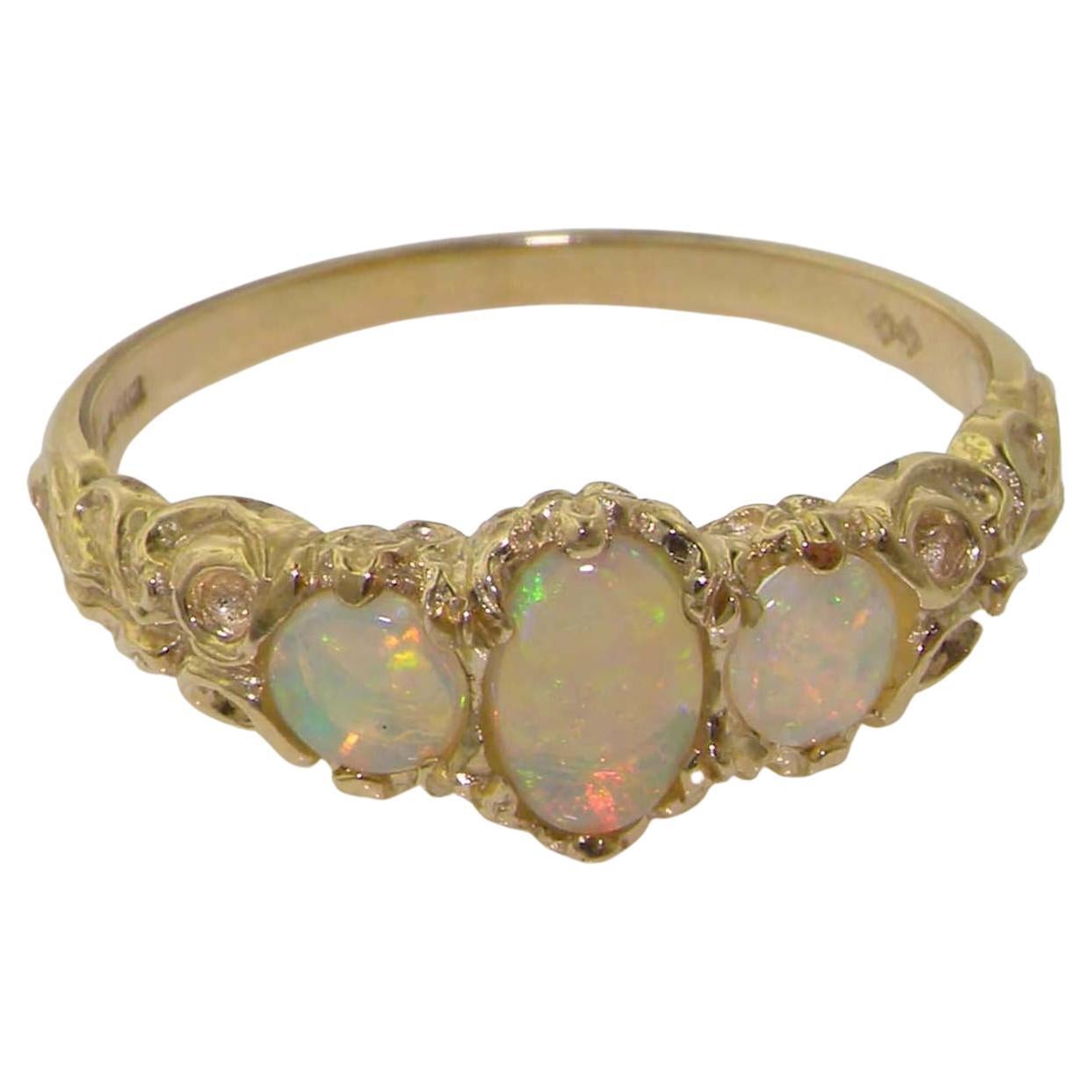 For Sale:  18K Yellow Gold Natural Colorful Opal Victorian Style Trilogy Ring