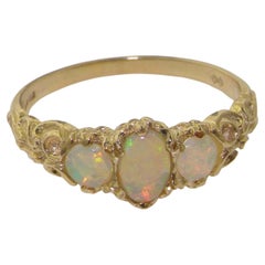 18K Yellow Gold Natural Colorful Opal Victorian Style Trilogy Ring