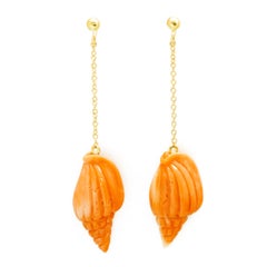 18K Yellow Gold Natural Coral Shell Carving Summer Dangle Earrings Intini Jewels