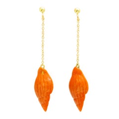 18K Yellow Gold Natural Coral Shell Carving Summer Dangle Earrings INTINI Jewels