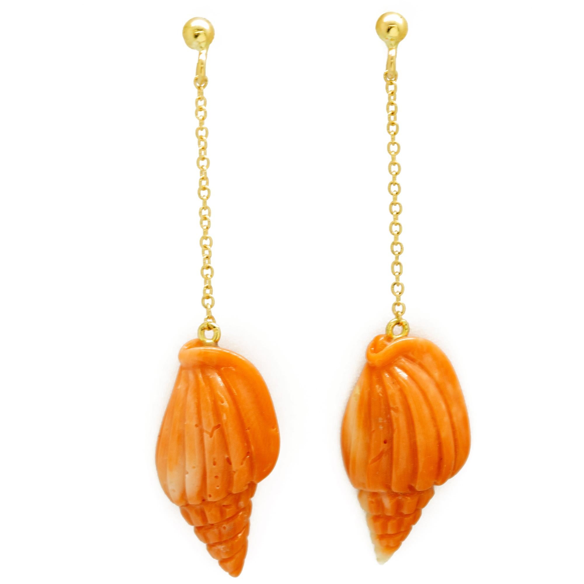 18 Karat Gelbgold Natürliche Koralle Muschel Schnitzerei Sommer Ohrringe Intini Juwelen (Art nouveau) im Angebot