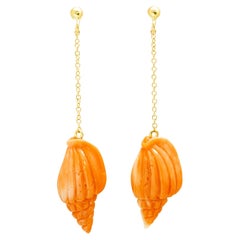 18K Yellow Gold Natural Coral Shell Carving Summer Dangle Earrings Intini Jewels