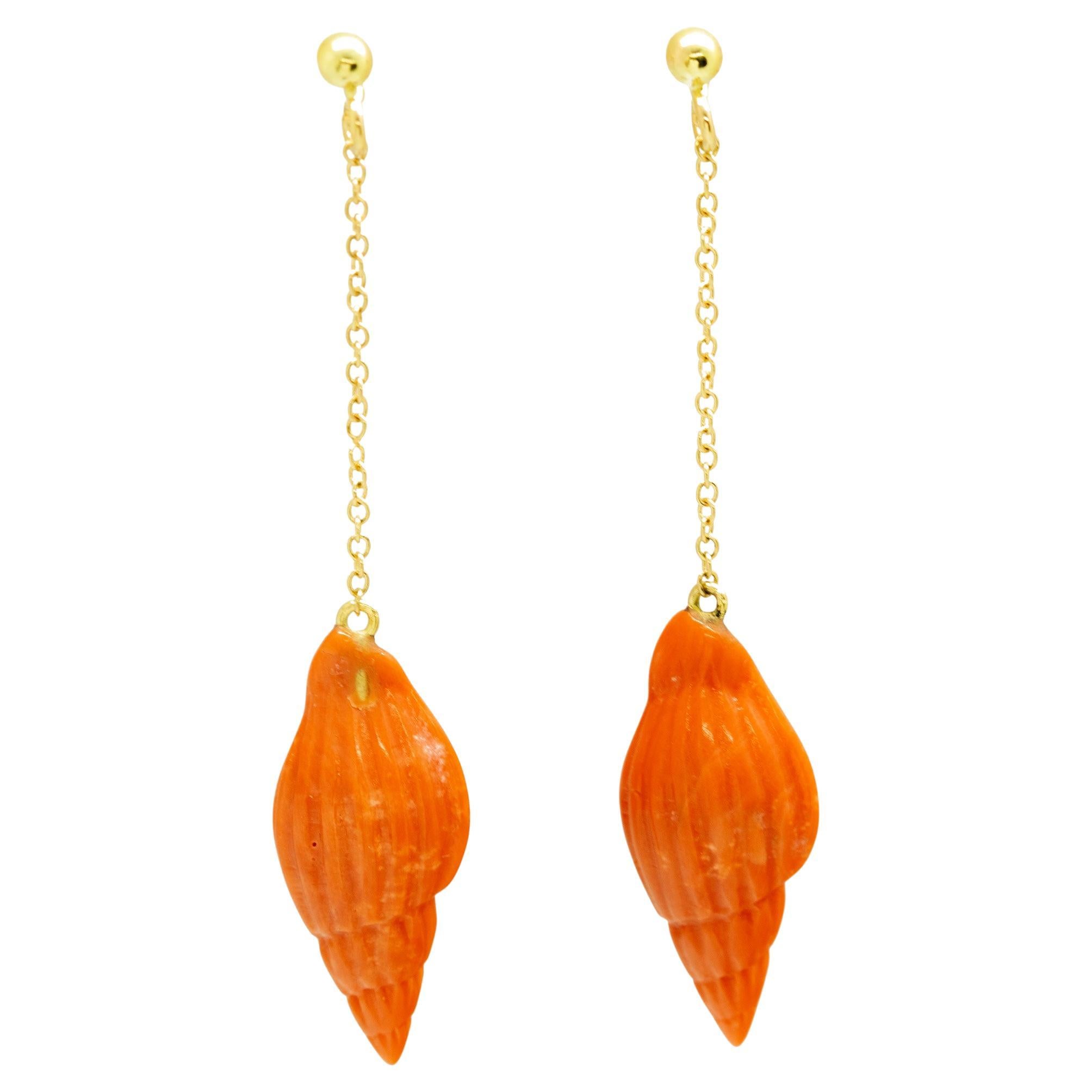 18K Yellow Gold Natural Coral Shell Carving Summer Dangle Earrings INTINI Jewels For Sale